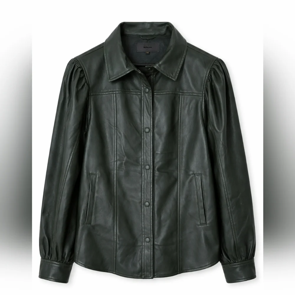 Women’s Dark Green Faux Leather Button-Front Jacket